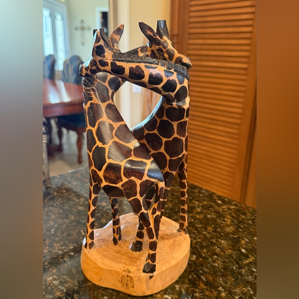 Hand-Carved Wooden Intertwined Giraffe Sculpture-Made in Kenya